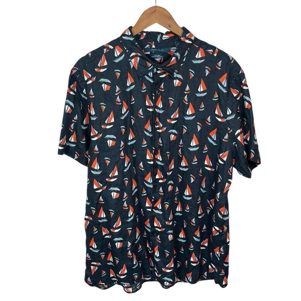 BF1307 Men’s Perry Ellis 100% Linen Sailboat Beach Button Down Shirt XXL